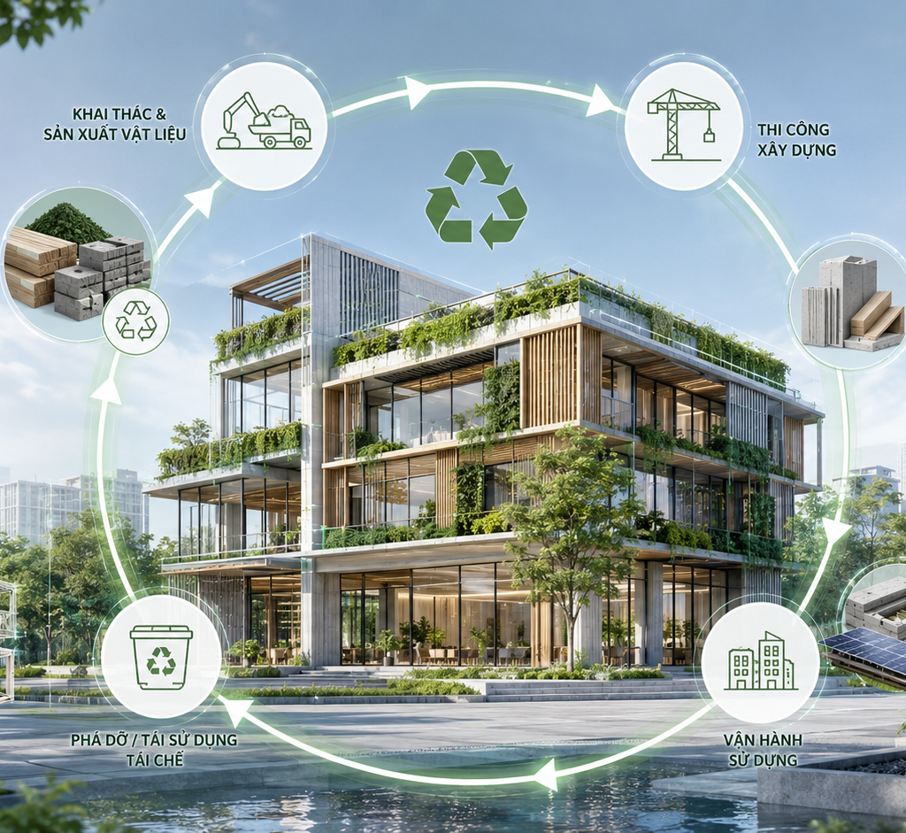 Kinh Tế Tuần Hoàn Và Phân Tích Vòng Đời Công Trình (LCA) Trong Kiến Trúc Xanh